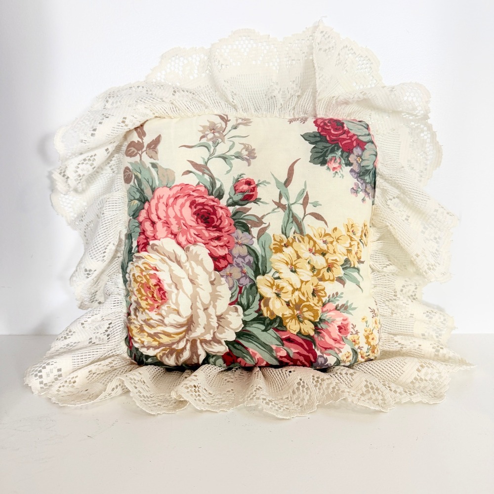 Vintage Decorative Throw Pillows Set 2 Floral Lace Embroidery Cottagecore Cream - Picture 2 of 5
